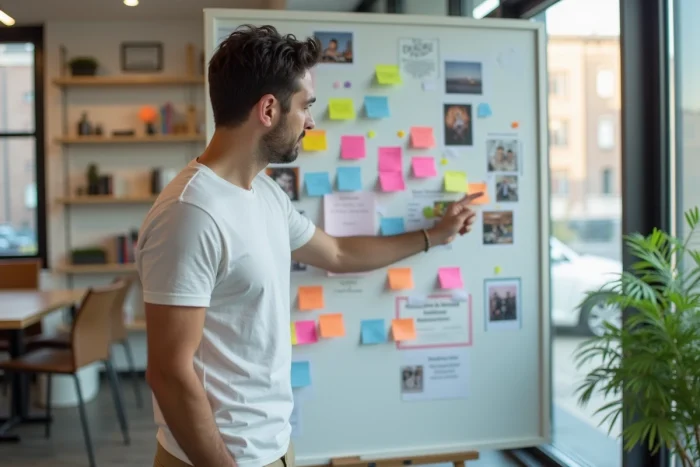 Homme devant un tableau de planification couvert de notes colorées dans un bureau moderne, univers de Mr Seb