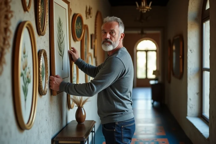 Homme aménageant un mur galerie éclectique dans un couloir avec cadres vintage, miroirs et carrelage ancien