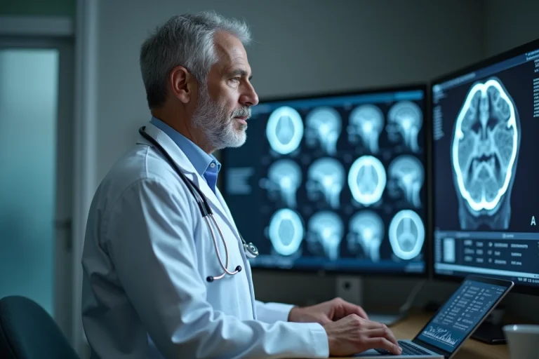 Neurochirurgien expert consultant des scanners cérébraux dans une salle de consultation médicale moderne à Rennes