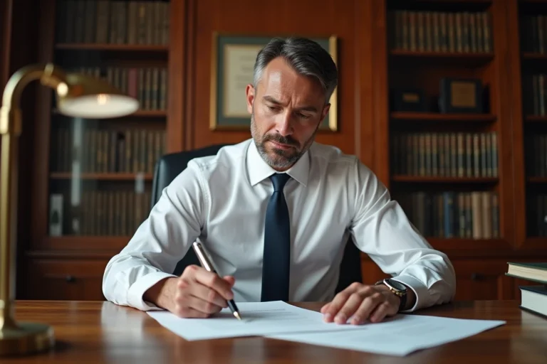 Notaire assis à son bureau en train d'examiner un contrat d'achat immobilier avec des documents officiels tamponnés