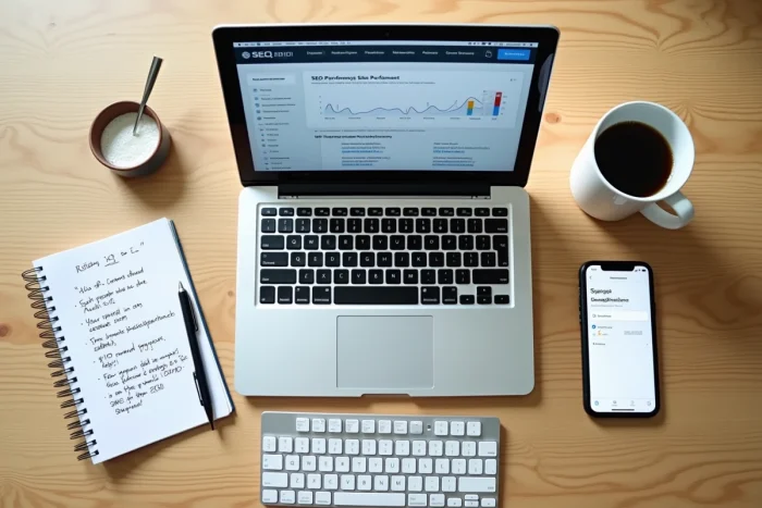 Vue aérienne d'un espace de travail SEO avec un ordinateur portable affichant des outils d'audit et un carnet de notes