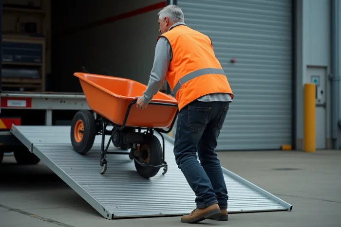 Ouvrier utilisant une rampe de chargement aluminium pour monter une brouette motorisée dans un camion plateau