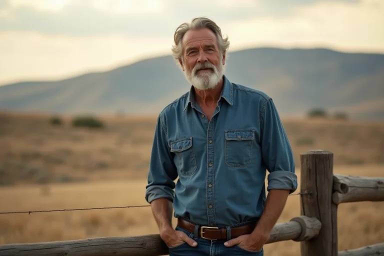 Portrait d'un homme élégant d'une cinquantaine d'années dans un ranch du Montana, illustrant la vie de Paul Qualley ex-mari d'Andie MacDowell