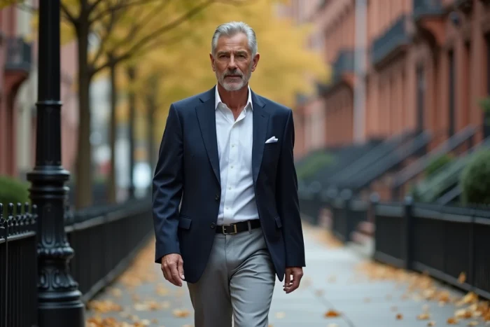Homme élégant aux cheveux gris marchant en ville, évoquant le style et la personnalité de Paul Qualley, ancien époux de la star Andie MacDowell