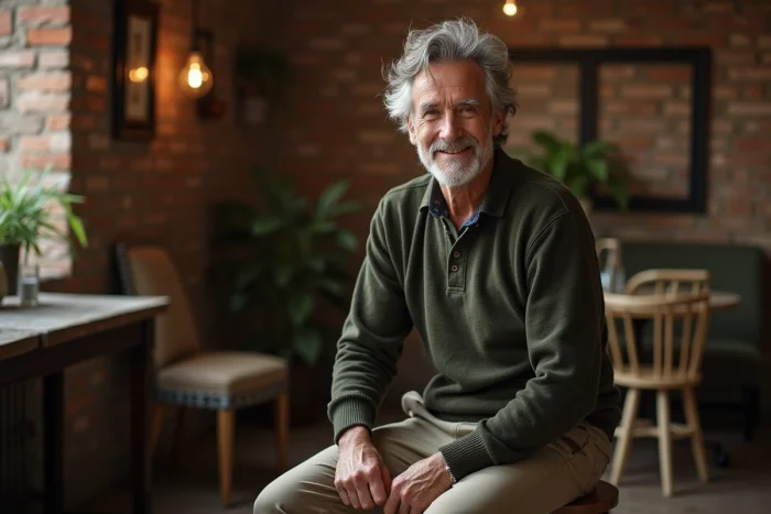 Portrait en studio d'un homme distingué aux cheveux gris assis sur un tabouret, dans l'esprit d'un reportage sur Paul Qualley ex-mari d'Andie MacDowell