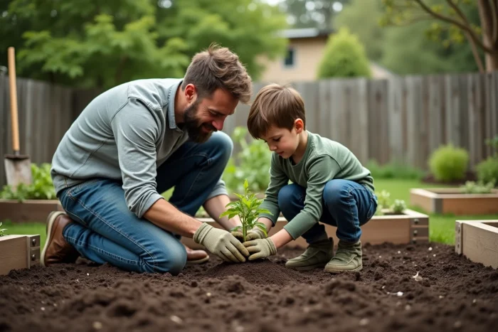 Père et jeune enfant plantant des légumes ensemble dans un potager familial au jardin