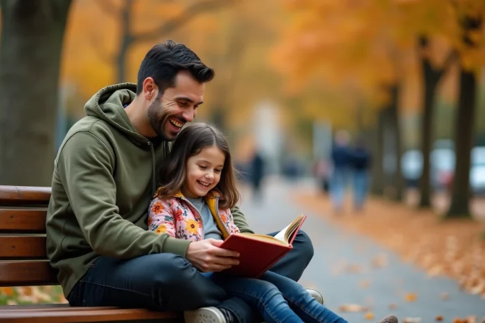 Père et fille partageant un livre illustré sur un banc de parc en automne pour favoriser le bien-être de l'enfant