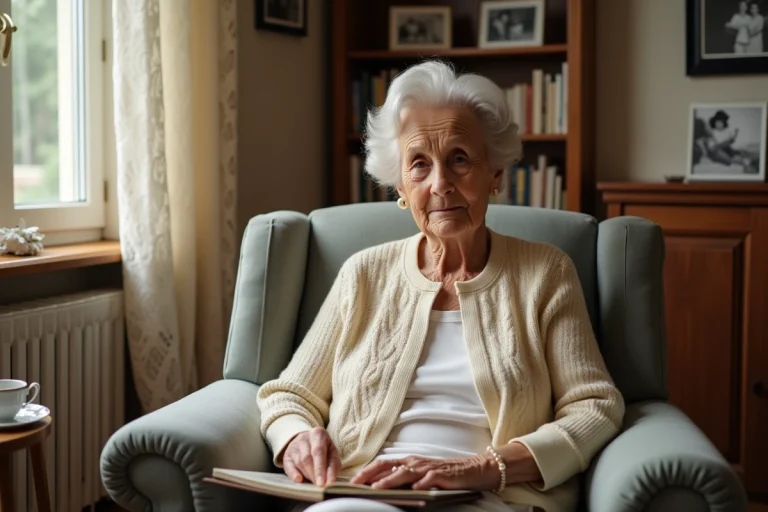 Femme centenaire de plus de 95 ans feuilletant un album photo dans son salon, illustrant la longévité des personnes très âgées en France