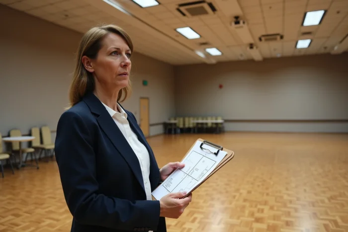 Planificatrice d'événements évaluant la superficie d'une salle vide pour accueillir 30 convives