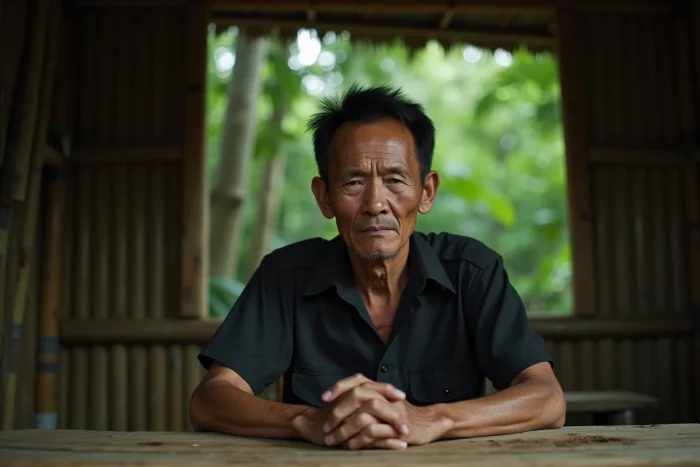 Portrait d'un homme asiatique maigre en uniforme paysan noir, assis à une table en bois rustique dans une hutte administrative en bambou entourée de végétation tropicale dense