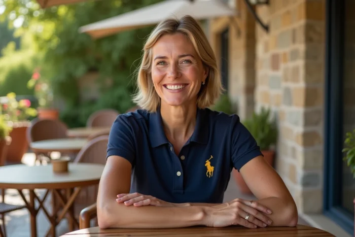 Femme en polo Polo Club marine avec logo brodé assise en terrasse de café dans une atmosphère décontractée