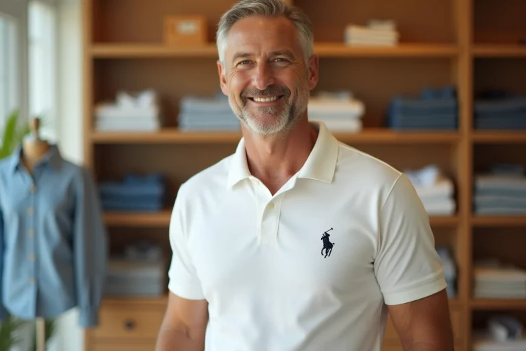 Homme portant un polo Ralph Lauren blanc avec le logo cavalier brodé dans une boutique de mode élégante