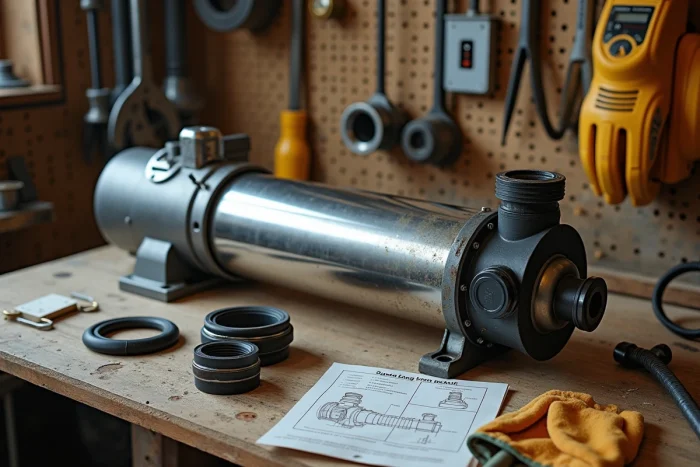 Pompe à eau submersible en acier inoxydable posée sur un établi en bois avec accessoires de raccordement et manuel technique