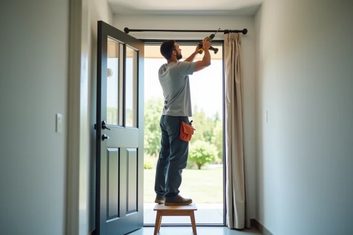 Homme posant une tringle à rideau au-dessus d'une porte d'entrée moderne à l'aide d'une perceuse sans fil