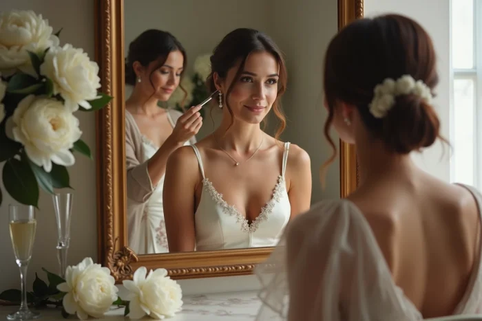 Préparatifs de la mariée devant un miroir vintage dans une salle d'habillage de château avec maquilleuse