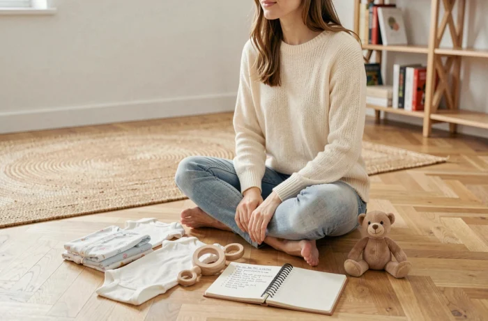 Jeune femme préparant une liste de naissance avec des vêtements et accessoires bébé soigneusement disposés sur le sol