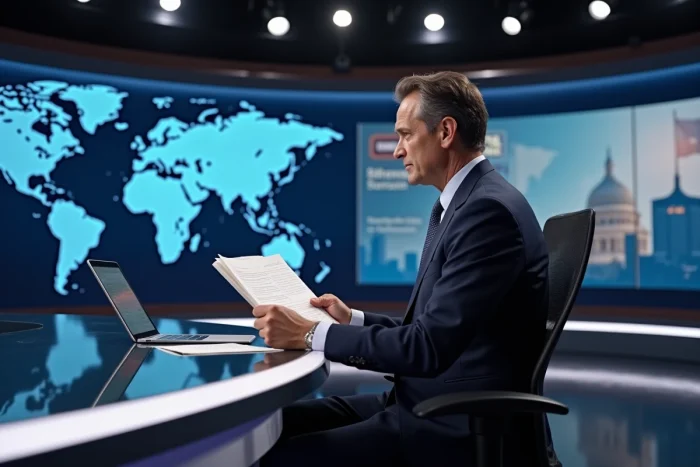 Présentateur de journal télévisé dans un studio de diffusion moderne avec écran LED et ticker d'informations