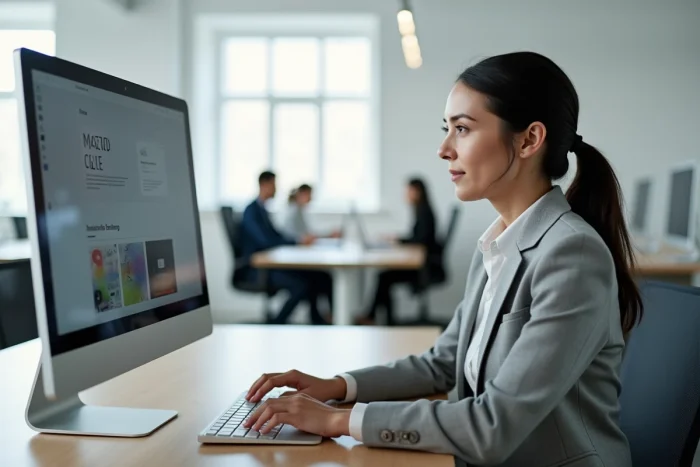 Une professionnelle en agence web analysant une interface de site sur mesure devant son ordinateur