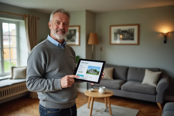 Propriétaire consultant un outil d'estimation immobilière en ligne sur une tablette dans son salon