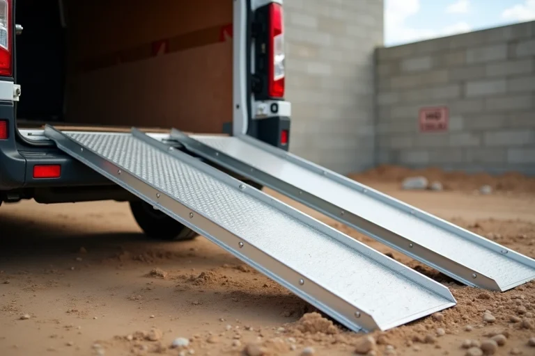 Rampe de chargement en aluminium appuyée contre le hayon d'un utilitaire blanc sur un chantier de construction