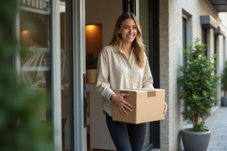 Jeune femme recevant un colis de livraison express Asos devant la porte de son appartement