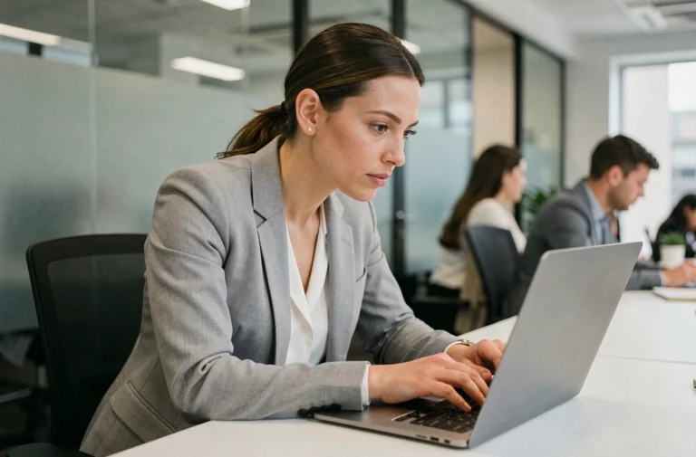 Femme professionnelle utilisant la recherche avancée sur son ordinateur portable dans un bureau moderne pour optimiser sa productivité bureautique