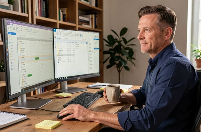 Homme en télétravail effectuant une recherche avancée sur deux écrans pour améliorer son organisation et sa productivité au bureau à domicile