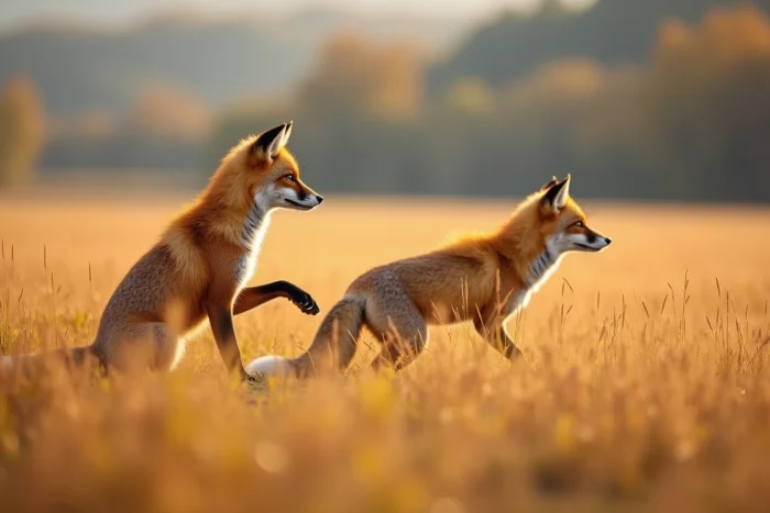 Renard roux en alerte au bord d'un champ de blé doré en automne, animal sauvage symbolisant la ruse et l'intelligence dans les traditions culturelles