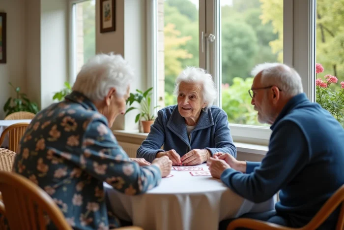 Groupe de résidents très âgés jouant aux cartes dans une maison de retraite française, représentant la population des plus de 95 ans en France