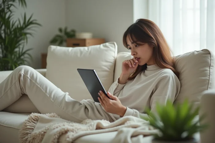 Jeune femme annulant son abonnement Amazon Prime sur une tablette dans un salon minimaliste