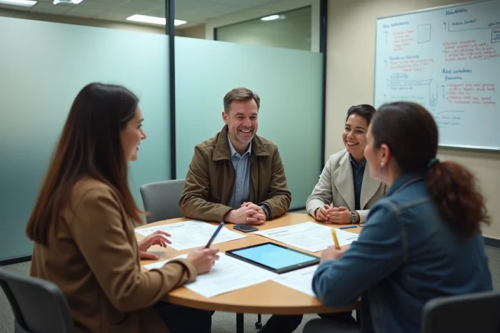 Groupe de bénévoles discutant de la simplification administrative de leur association autour d'une table avec une tablette numérique