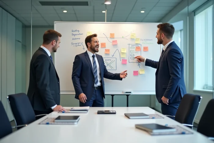Équipe de dirigeants en réunion stratégique autour d'un tableau blanc dans une salle de conférence
