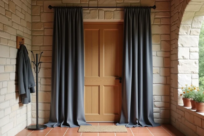 Rideau de porte d'entrée thermique en tissu gris installé sur une tringle noire dans un intérieur rustique avec mur en pierre
