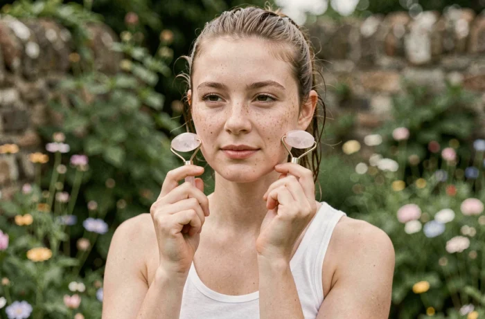 Jeune femme sans maquillage utilisant un rouleau en quartz rose en plein air dans un jardin verdoyant