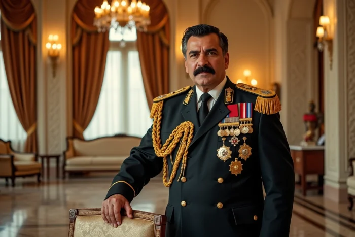 Portrait d'un homme moyen-oriental imposant en uniforme militaire orné d'épaulettes dorées, debout dans une salle de réception gouvernementale irakienne avec lustres et sols en marbre