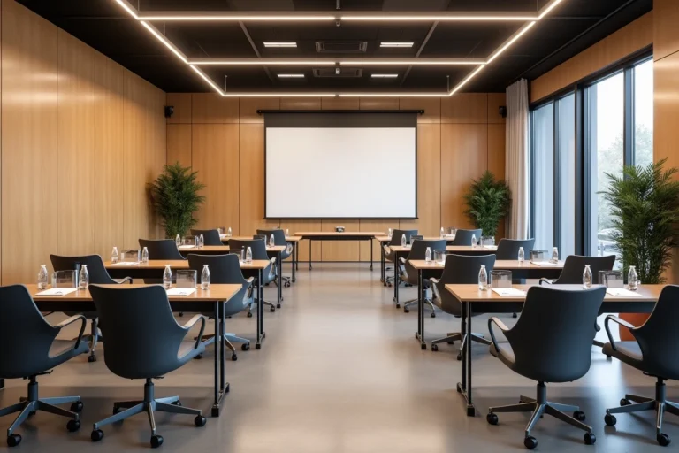 Salle de réunion moderne aménagée pour 30 personnes avec tables en U et chaises ergonomiques