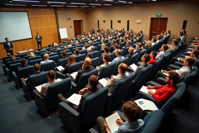 Salle de séminaire occupée par 30 participants assis en rangées avec vue d'ensemble de la superficie