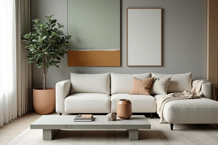 Salon scandinave minimaliste décoré avec canapé bouclé, plante verte et objets artisanaux sur table en béton