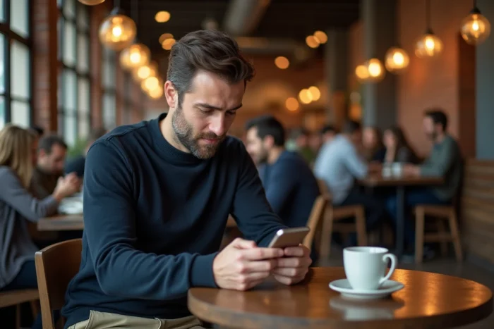 Homme consultant une application de shopping en ligne sur son téléphone dans un café urbain tendance