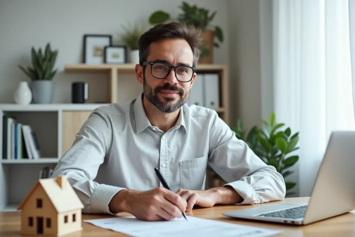 Homme signant un contrat immobilier dans un bureau à domicile avec simulation de prêt sur ordinateur portable
