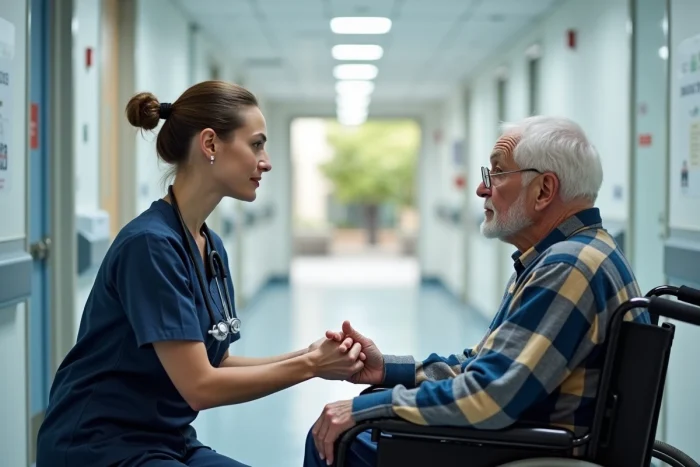 Soignante discutant avec un patient très âgé en fauteuil roulant dans un couloir d'hôpital gériatrique en France, illustrant la prise en charge des personnes de plus de 95 ans