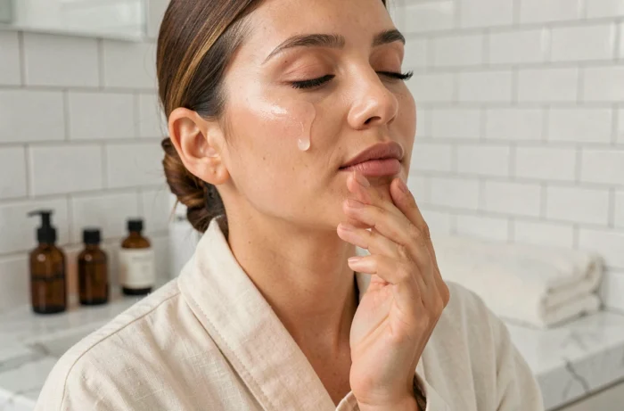 Femme aux soins naturels appliquant un sérum sur le visage dans une salle de bain lumineuse et épurée