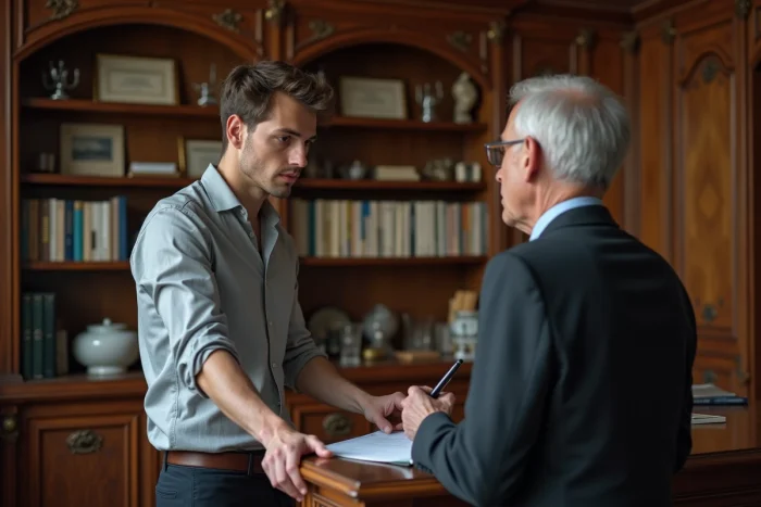 Stagiaire en droit observant un notaire expliquer un acte notarié dans une étude notariale traditionnelle, formation pratique après le bac STMG