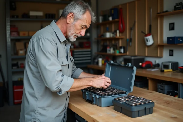 Homme rangeant des batteries lithium-ion dans un boîtier de stockage dédié sur un établi de garage