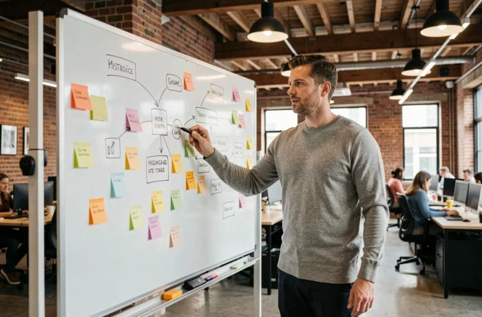 Entrepreneur présentant une stratégie de croissance sur un tableau blanc dans un bureau collaboratif moderne