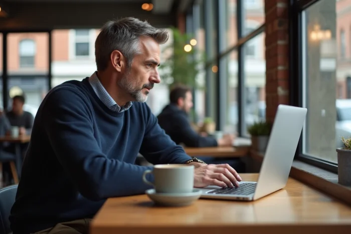 Entrepreneur travaillant sur une stratégie de marketing digital dans un café urbain tendance