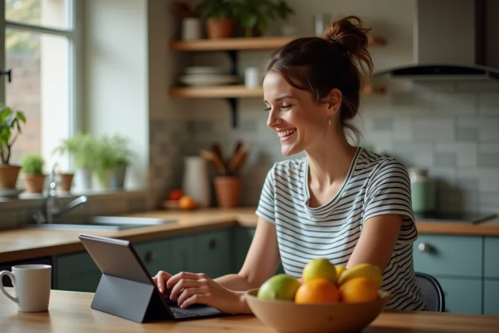 Femme regardant un match de tennis en direct sur une tablette dans sa cuisine