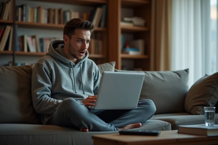 Jeune homme regardant un match de football en streaming sur son ordinateur portable dans son salon