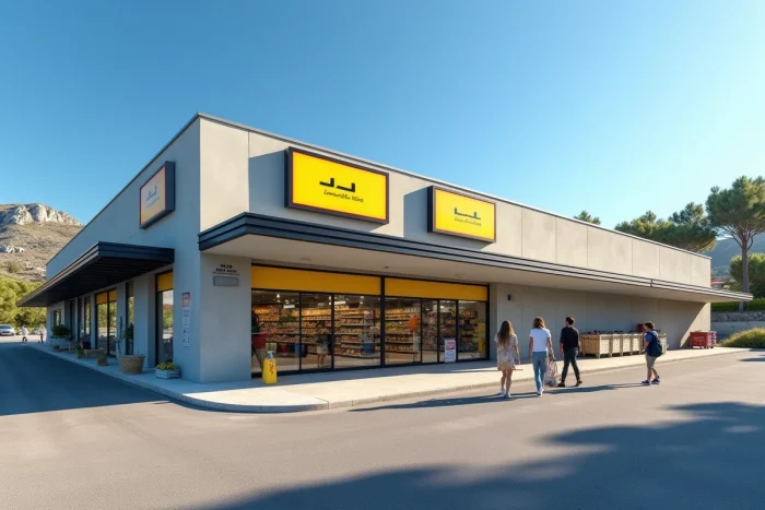 Façade extérieure d'un supermarché Lidl en Corse avec architecture méditerranéenne et parking