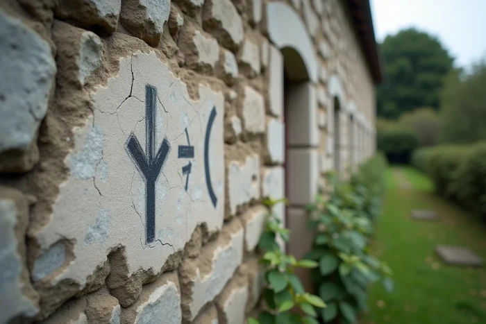 Symboles gitans gravés sur le mur en pierre d'une vieille maison rurale européenne, marques traditionnelles de wayfinding effacées par le temps